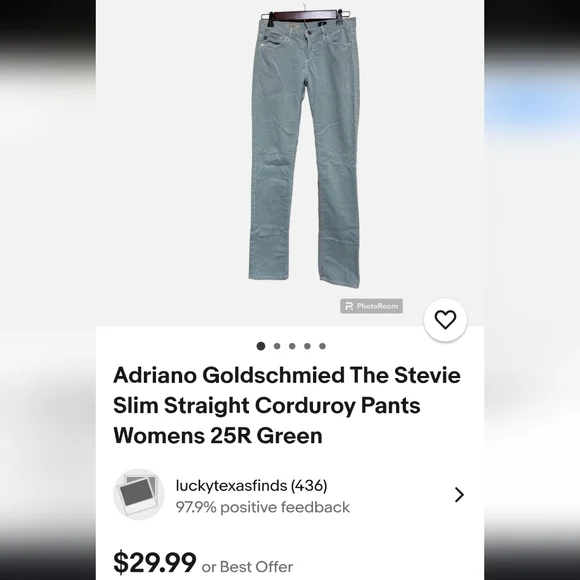 AG Adriano Goldschmiede 26 Reg Stevie Light Green Pants corduroy ankle slim stra - Picture 12 of 14